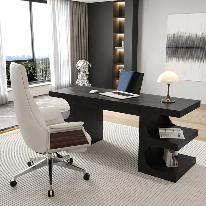 64.2″ Black Engineered Wood Desk & White Leather Office Chair Set With Lift-Top