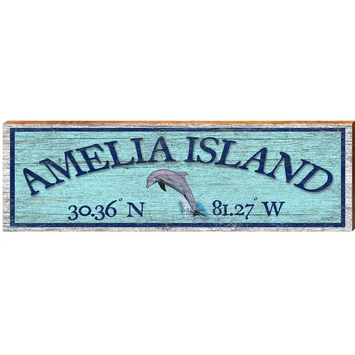 Amelia Island Dolphin Blue Latitude Longitude | Wall Art Print on Real Wood
