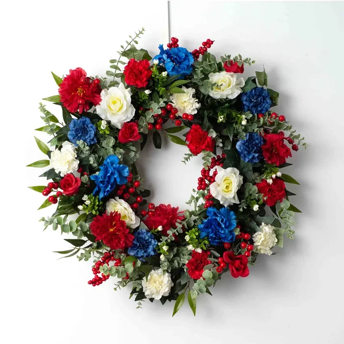 America The Beautiful – Red Peony, White Roses & Blue Hydrangea Fourth of July Everyday Front Door Wreath