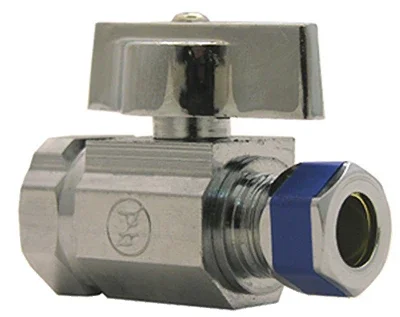 Angle Stop Valve, 1 Quarter Turn, Chrome Finish, 3 Eighth Inch Female Pipe Thread by 3 Eighth Inch Compression Outlet
