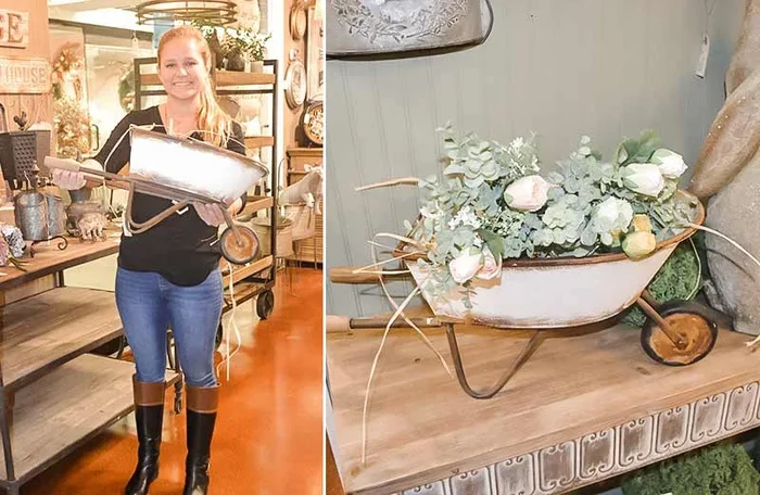 Antiqued White Metal Wheel Barrow | Rustic Farmhouse – Decor Steals
