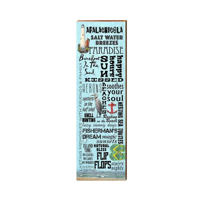Apalachicola Blue Coastal Word Collage | Wall Art Print on Real Wood