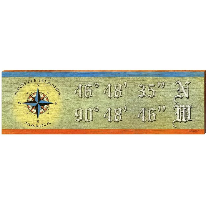 Apostle Island Marina Colorful Compass Latitude Longitude | Wall Art Print on Real Wood