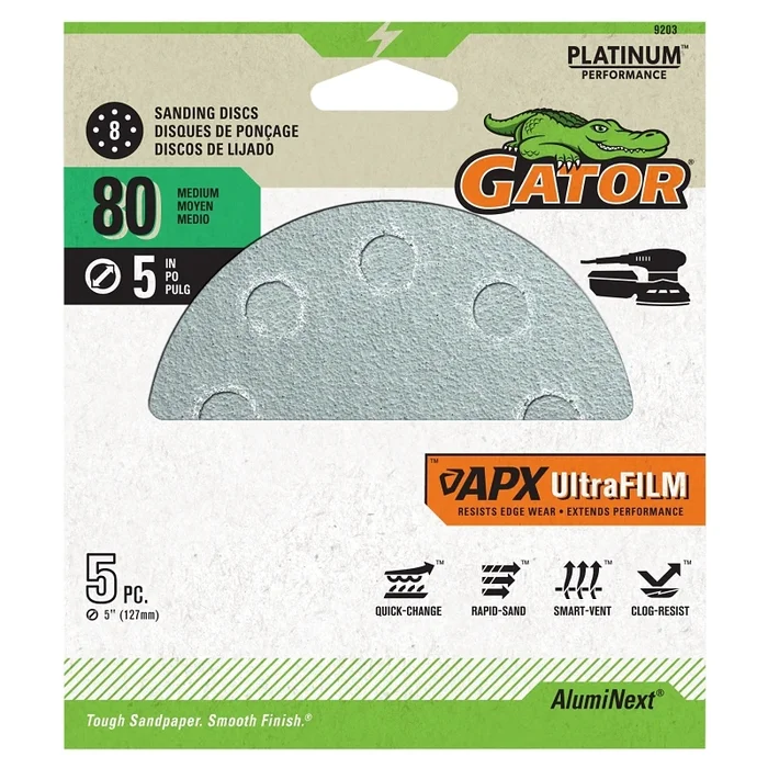 APX Ultrafilm Sanding Discs, Hook & Loop, 80 Grit, 5 In., 5-Pk.