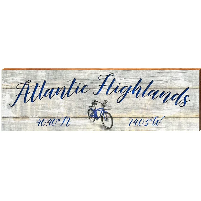 Atlantic Highlands Blue Bike White Latitude Longitude | Wall Art Print on Real Wood