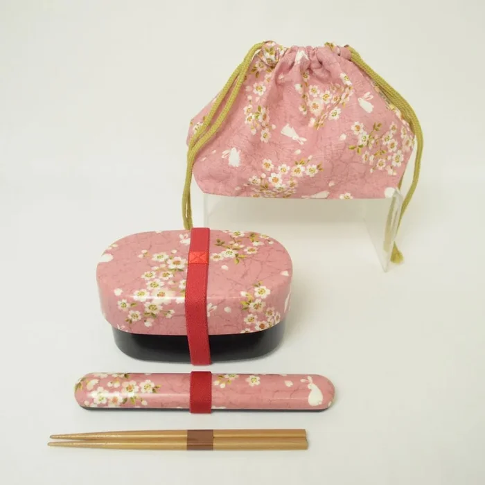 Bento Box, Chopsticks and Bag Set “Cherry Blossoms and Rabbits” (Oval)