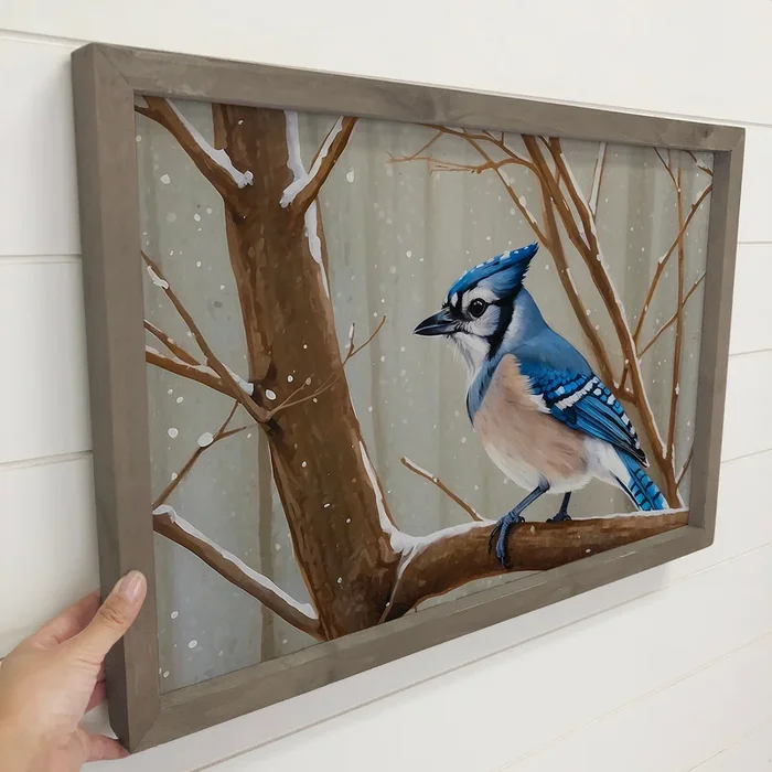 Blue Jay Bird in Snow – Wildlife Canvas Art – Wood Framed