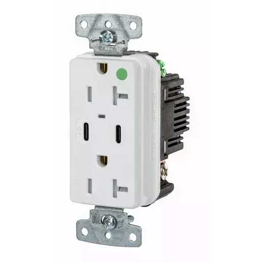 Bryant USB Charger Hospital Grade Receptacle 20A 125V Duplex Power Delivery 55W Type C Ports NEMA 5-2OR White (USB8300CPDW)