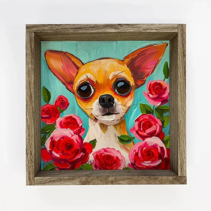 Chihuahua with Red Roses – Dog and Flowers Canvas Art