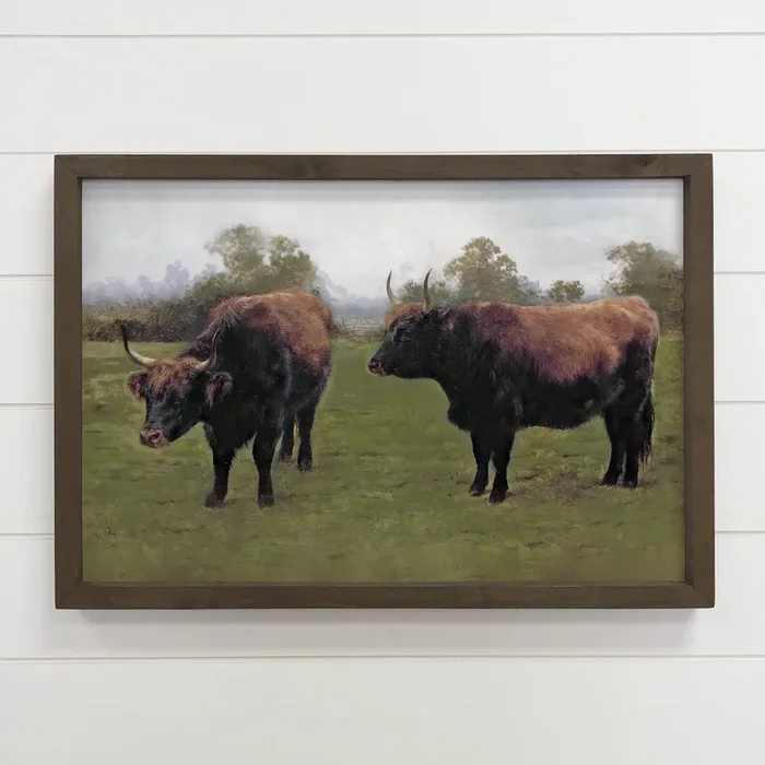 Dark Grazing Bulls – Bull Canvas Art – Wood Framed Wall Art