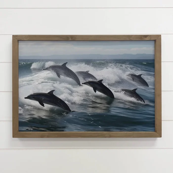 Dolphin Pod – Framed Canvas Animal Art – Beach House Decor