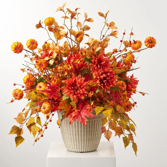 Fall Grandeur – Orange Mini Pumpkin, Bittersweet Berry, Mum & Dahlia Mixed Fall Foliage Large Outdoor Urn Pot Filler Arrangement