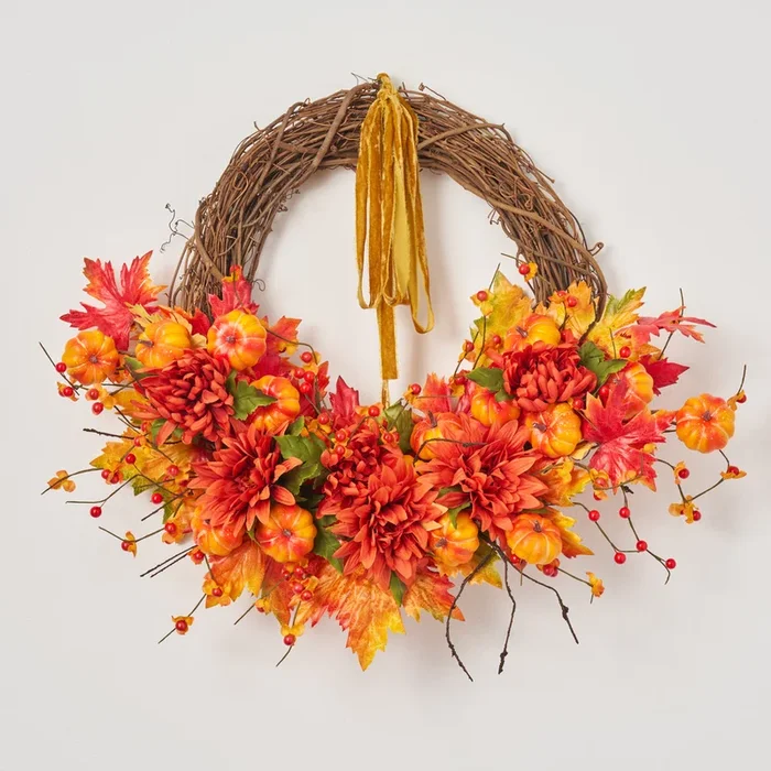 Fall Grandeur – Orange Mini Pumpkin, Bittersweet Berry, Mum, Dahlia & Maple Leaf Fall Front Door Wreath with Velvet Loop Bow