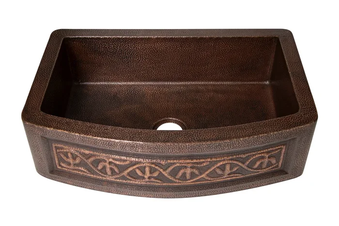 Farmhouse Kitchen Copper Sink with Curved Apron and cacti design in Sanded Copper finish – 33 x 22 x 9″ – KS070SC