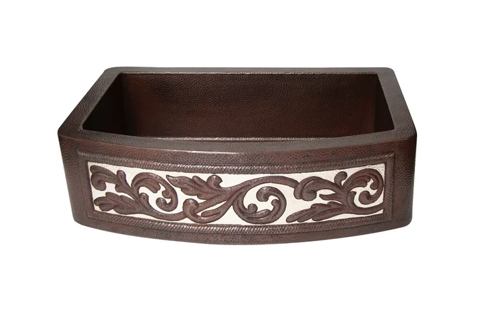 Farmhouse Kitchen Copper Sink with Curved Apron and silver design in Cafe Viejo – 33 x 22 x 9″ – KS069CV