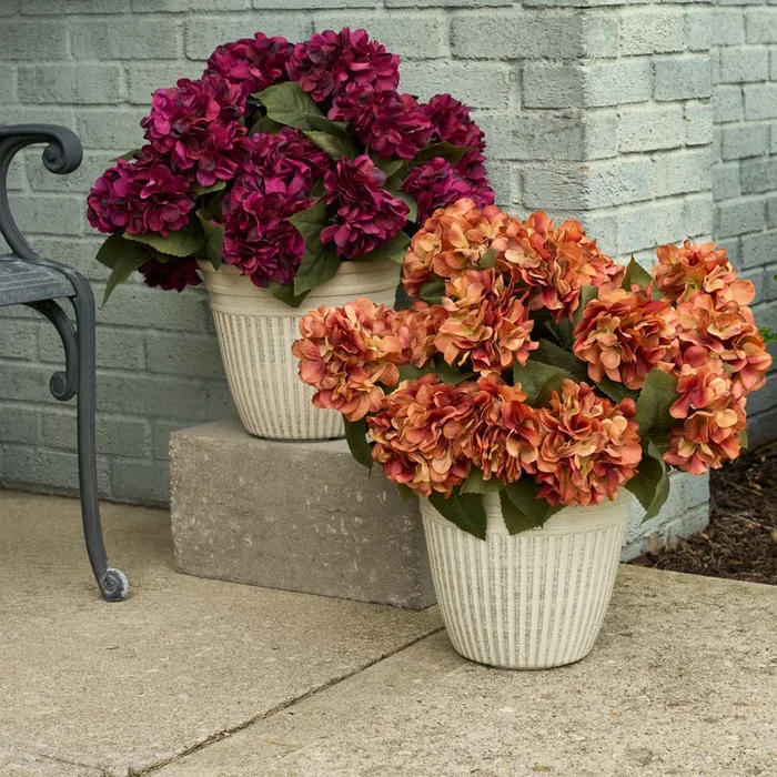 Faux Autumn Hydrangea Bush Foliage Outdoor Urn Filler Front Porch Arrangement – Available in 2 Colors