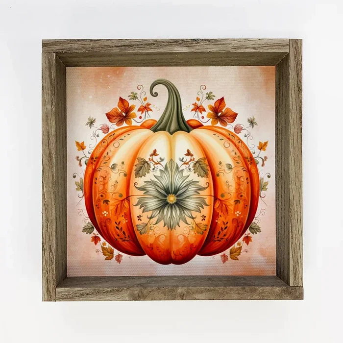 Folk Fancy Painted Pumpkin – Fall Wall Art – Framed Decor