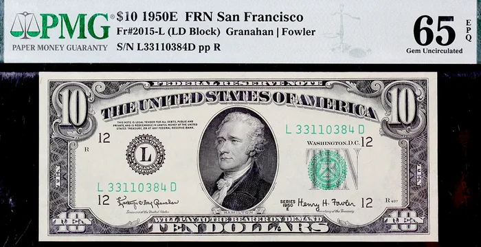 Fr 2015-L Ten Dollar Federal Reserve Note Series 1950E PCGS 65 EPQ