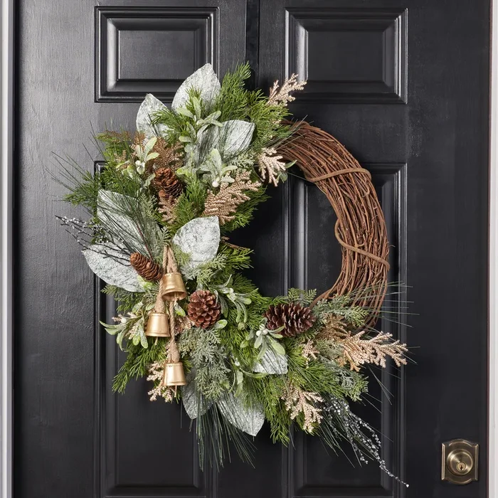 Golden Ice – Frosted Mistletoe, Gilded Cedar & Mixed Winter Greens with Gold Bells Christmas Front Door Mantel Wreath