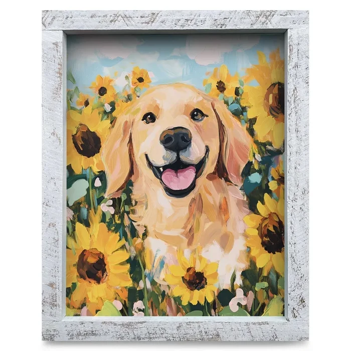 Golden Retriever Sunflowers | Real Wood Framed Wall Art Print