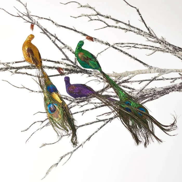 Green, Gold, & Purple Glitter Peacock Trio Festive Mardi Gras Clip On Bird Ornament – Set of 3