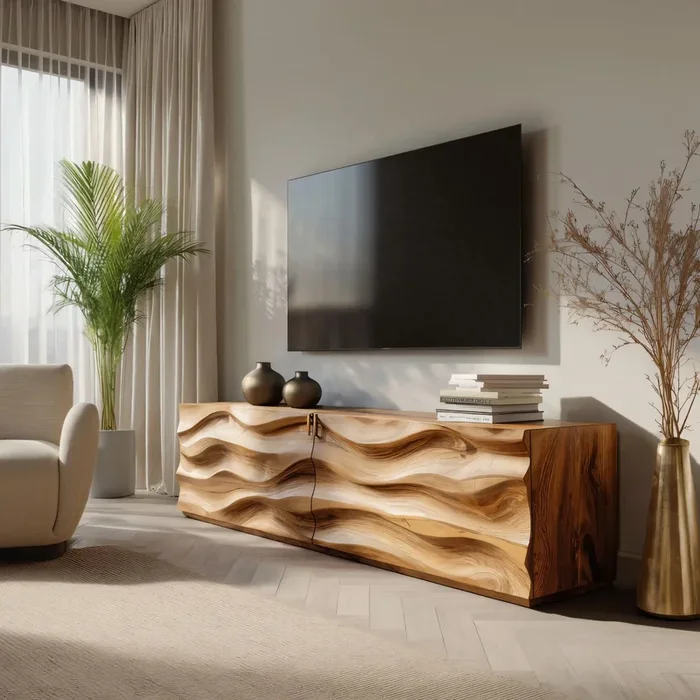 Handmade Carved Media Console With Wave Front For Living Room