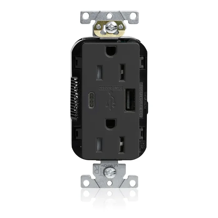 Leviton 15A Lev-Lok USB Tamper-Resistant Outlet Type A-C Black (M56AC-E)