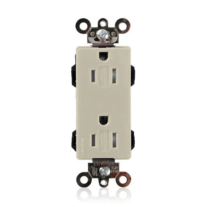Leviton Lev-Lok 15A Tamper-Resistant Decora Plus Duplex Receptacle Outlet Heavy-Duty Industrial Spec Grade Smooth Face 15 Amp 125V Ivory (MT162-I)