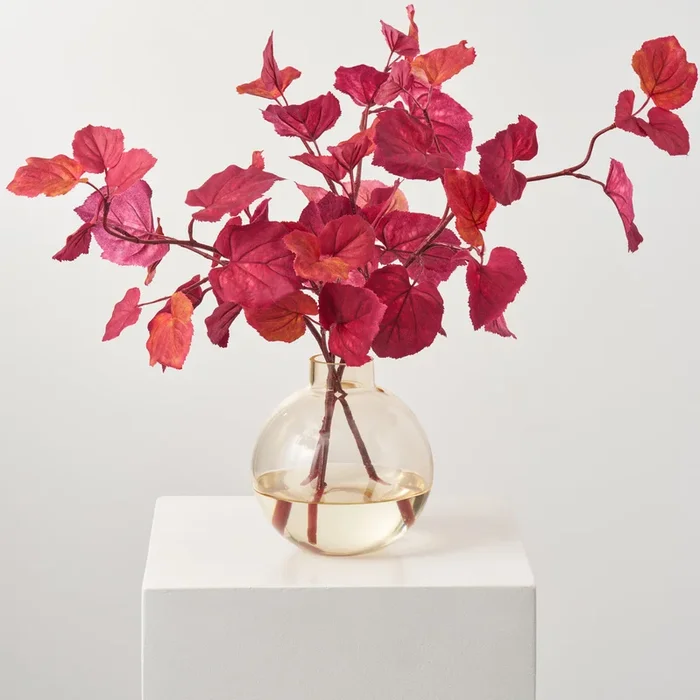 Mauve Orange Autumn Tilia Leaf Spray in Amber Tone Ball Vase Fall Foliage Arrangement