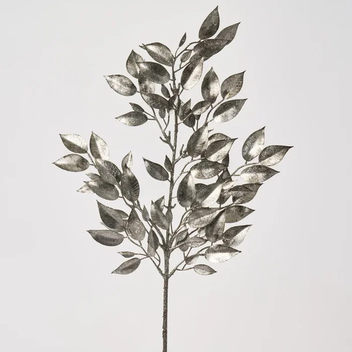 Metallic Gunmetal Silver Ficus Leaf Branch Spray – 25″