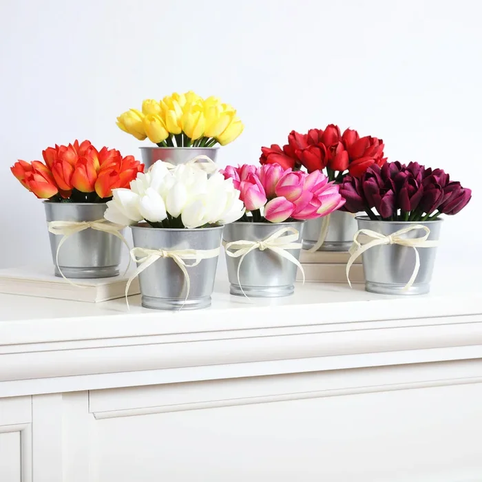 Mini Tulip Faux Floral Everyday Spring Arrangement Centerpiece in Metal Tin