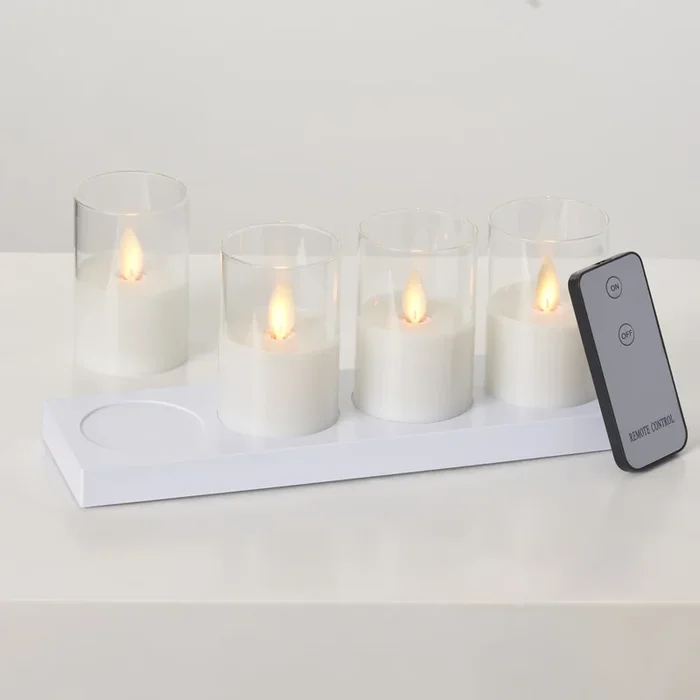 Moving Flameless LED White Glass Rechargeable Votive Candles with Remote – Set of 4