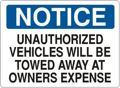 Notice Unauthorized Vehicles Will Be Towed Away Signs | N-8605