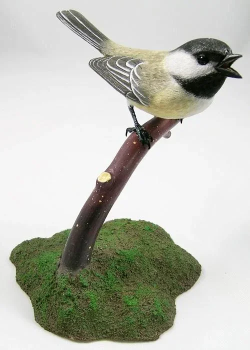 Open Mouth Black-capped Chickadee – Hand Carved Wooden Bird