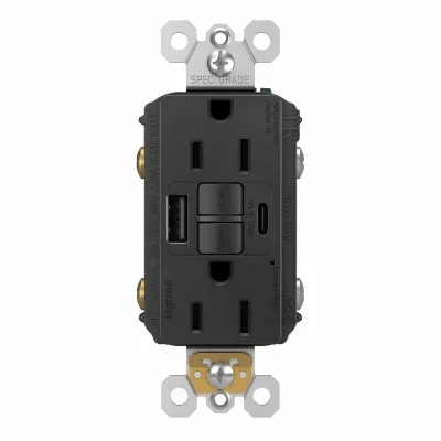 Pass and Seymour 15 Amp Tamper Resistant GFCI Outlet with USB and AC, Black