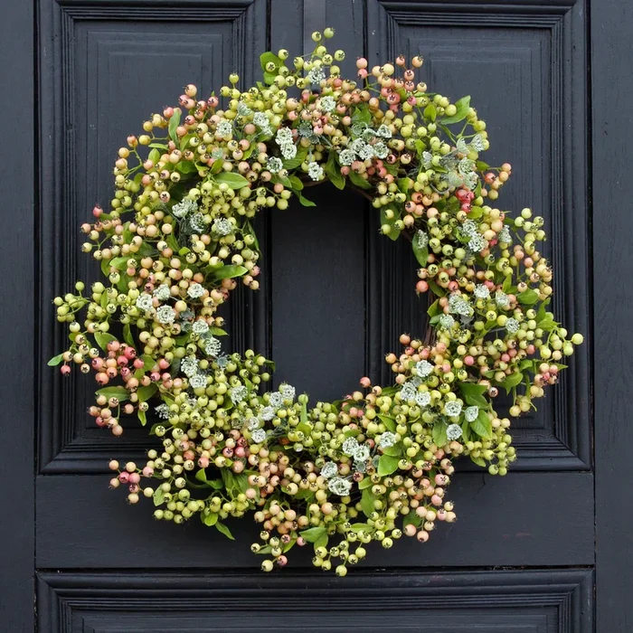 Pink & Green Pepperberry and Queen Anne’s Lace Front Door Spring Wreath