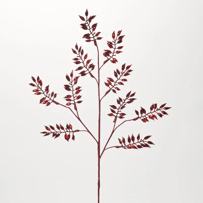 Red Jewel Metallic Glitter Leaf Spray Long Christmas Stem – 30″