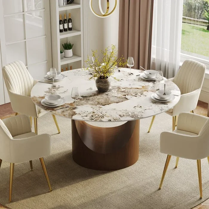 Round Faux Marble 47″ Glossy Top Dining Table for 6 | Homary
