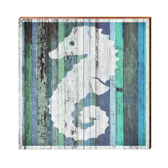 Sea Horse Blue Boards | Wall Art Print on Real Wood