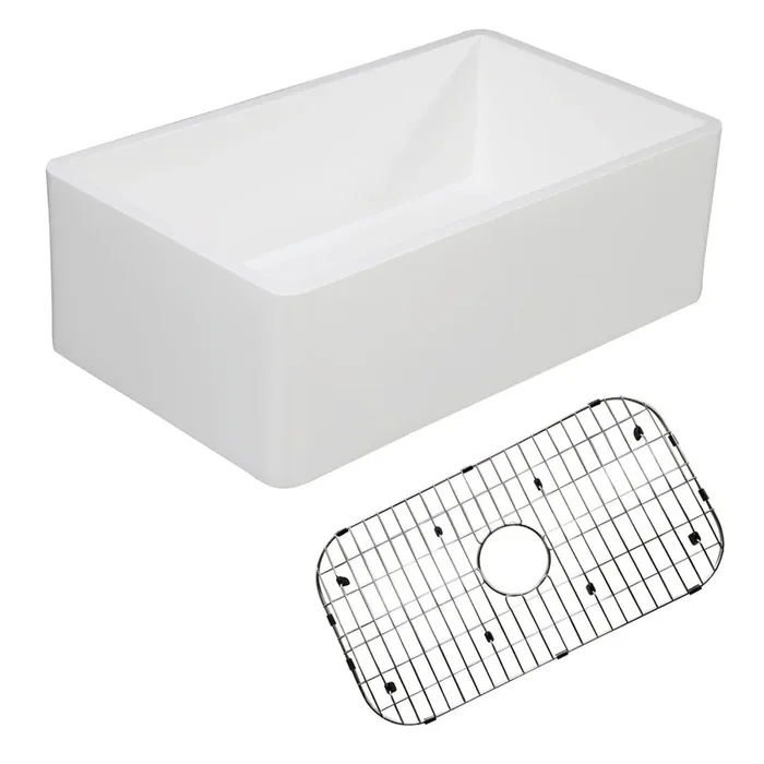 Solid Surface White Stone Apron Front Farmhouse Single Bowl Kitchen Sink 30 x 18 x 10″ with Strainer and Grid – KSKGKFA301810BC
