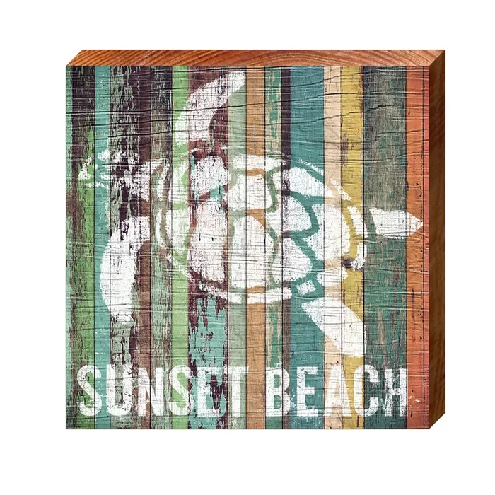 Sunset Beach Sea Turtle Orange Boards | Real Wood Art Print