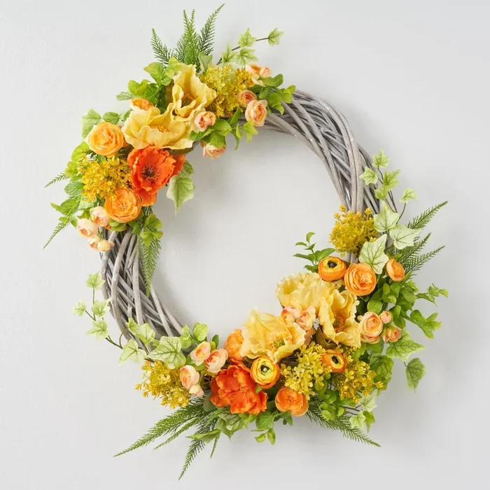 Tangerine Limoncello – Peach Ranunculus with Orange & Yellow Poppy Tropical Asymmetric Summer Front Door Wreath