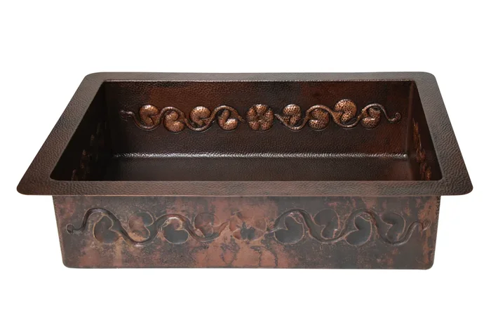 Undermount Kitchen Copper Sink in Cafe Viejo with floral design – 33 x 22 x 9″ – KS060CV