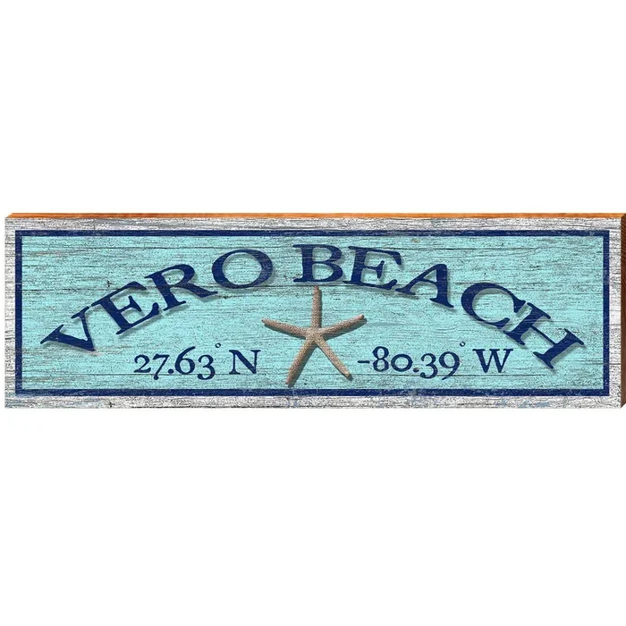 Vero Beach Starfish Blue Latitude Longitude | Wall Art Print on Real Wood
