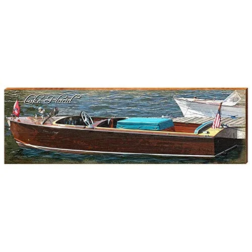 Vintage Boat on Lake Placid Home Decor Art Print on Real Wood