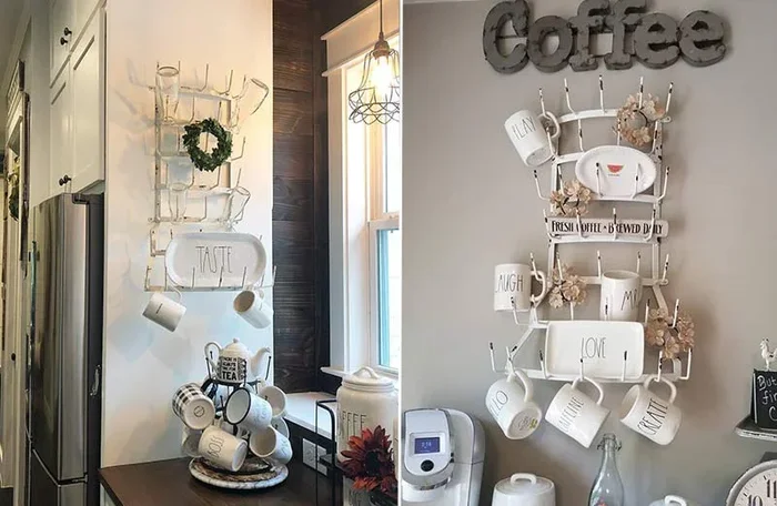 Wall Mounted White Distressed Metal Mug Rack – Cup Rack – Decor Steals