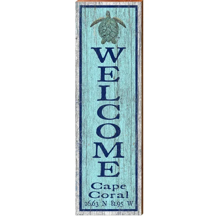 Welcome Cape Coral Sea Turtle Blue Latitude Longitude | Wall Art Print on Real Wood