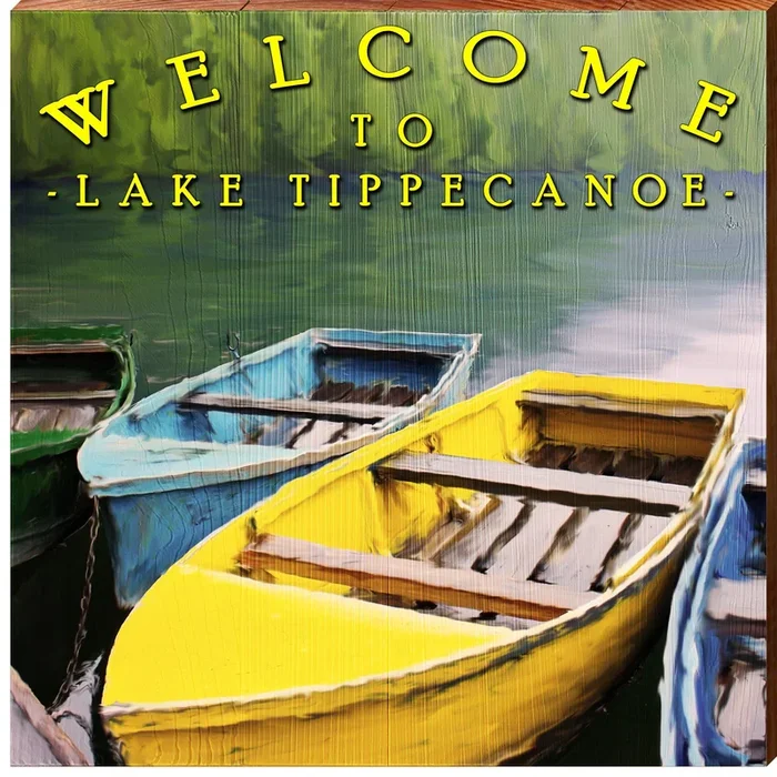 Welcome to Lake Tippecanoe Yellow Boat Home Decor Art Print on Real Wood