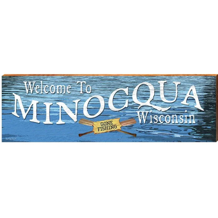 Welcome to Minocqua WI Gone Fishing | Wall Art Print on Real Wood
