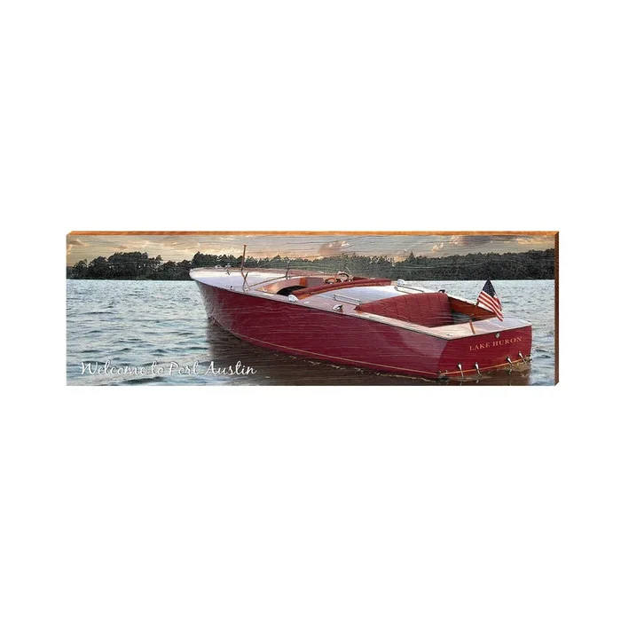 Welcome to Port Austin Lake Huron Vintage Boat Sunset | Wall Art Print on Real Wood